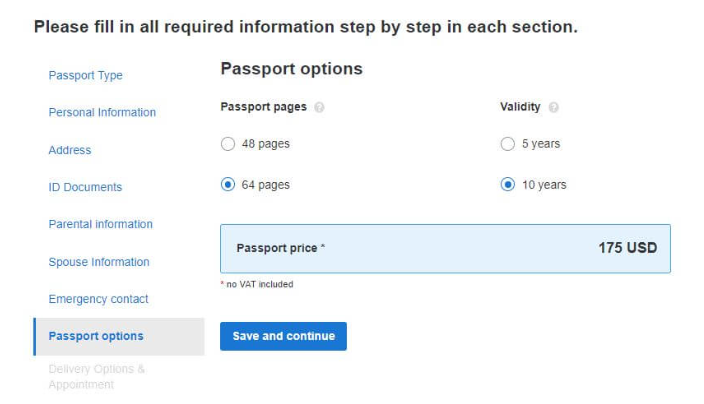 Option for Passport and Type of Delivery